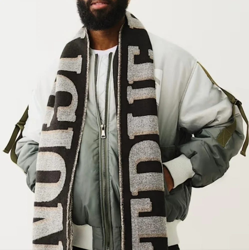 NWT True Religion Beanie Hat & Scarf Set Men's Accessories Cream Black Grey